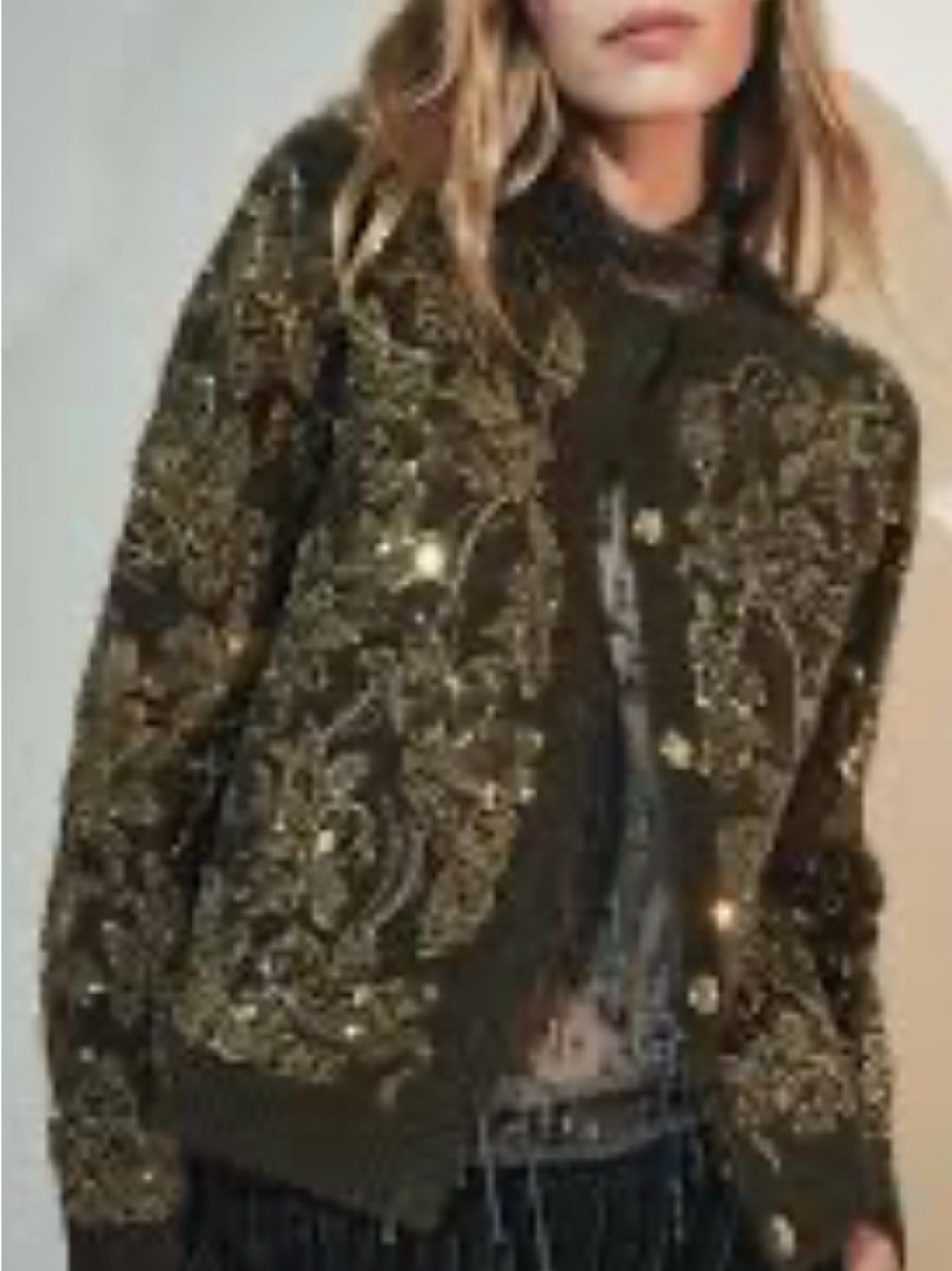 Zara Olive Green Sequin And Beaded Embellished Cardigan